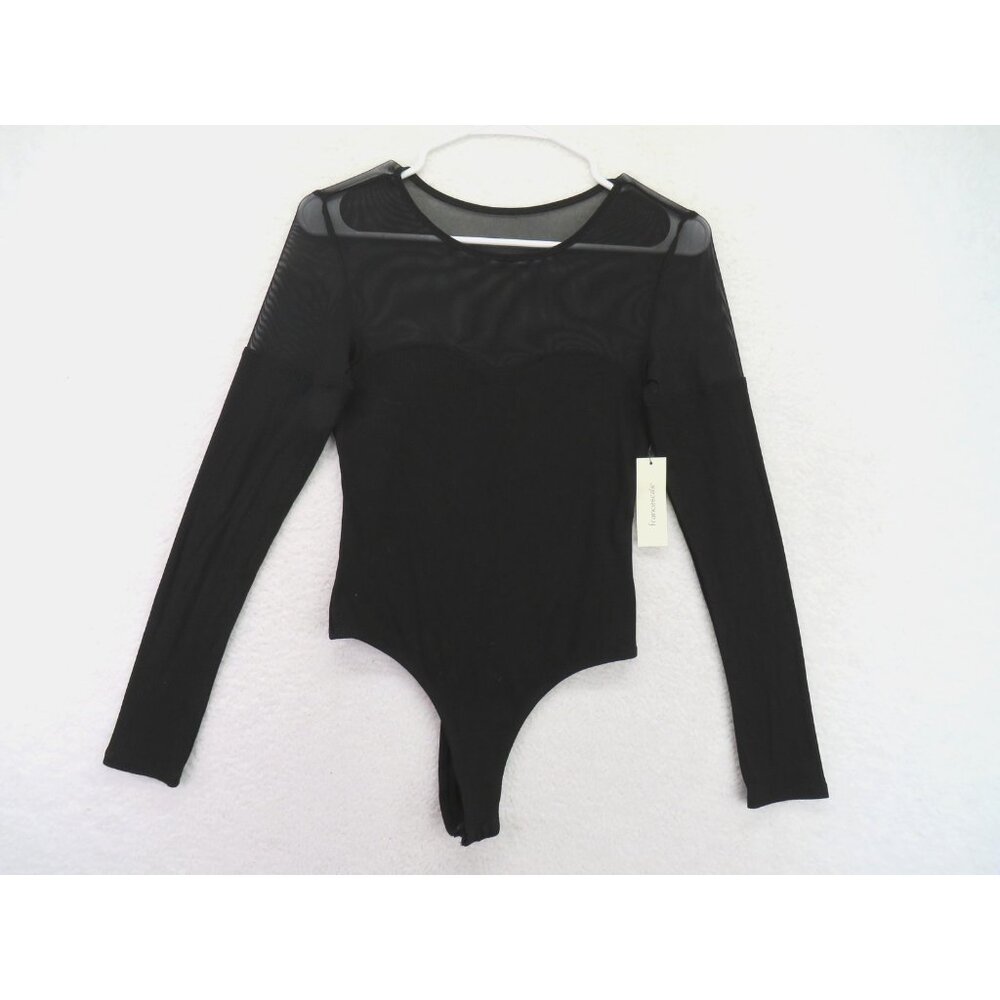 Francesca's Bodysuit Womens Medium Black Mesh Sheer Long Sleeve Ribbed TFD6D180